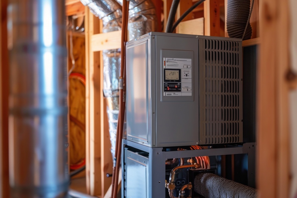 Brand new energy efficient heat pump being installed in a residential home